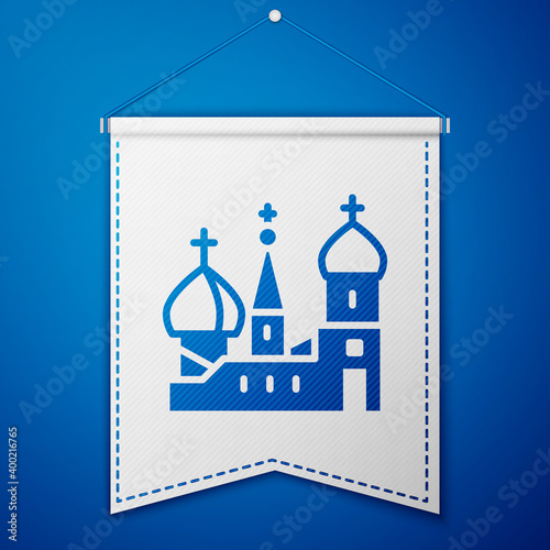 Blue Moscow symbol - Saint Basil's Cathedral, Russia icon isolated on blue background. White pennant template. Vector.