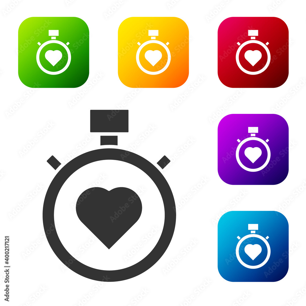 Black Heart in the center stopwatch icon isolated on white background. Valentines day. Set icons in color square buttons. Vector. Black Heart in the center stopwatch icon isolated on white background. Valentines day. Set icons in color square buttons. Vector.