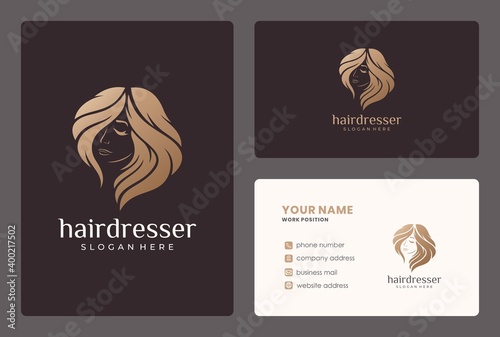 hairdresser, beauty women, salon or spa logo design with business crad template.