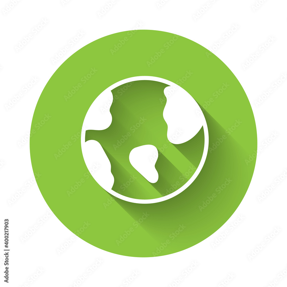 Fototapeta premium White Earth globe icon isolated with long shadow. World or Earth sign. Global internet symbol. Geometric shapes. Green circle button. Vector.