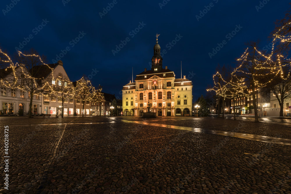 City hall of Lueneburg at night.