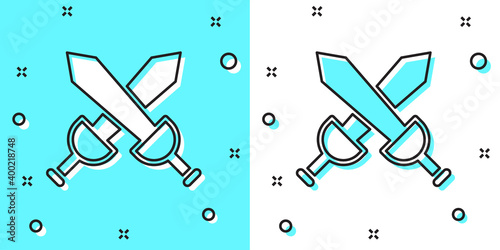 Black line Crossed medieval sword icon isolated on green and white background. Medieval weapon. Random dynamic shapes. Vector.