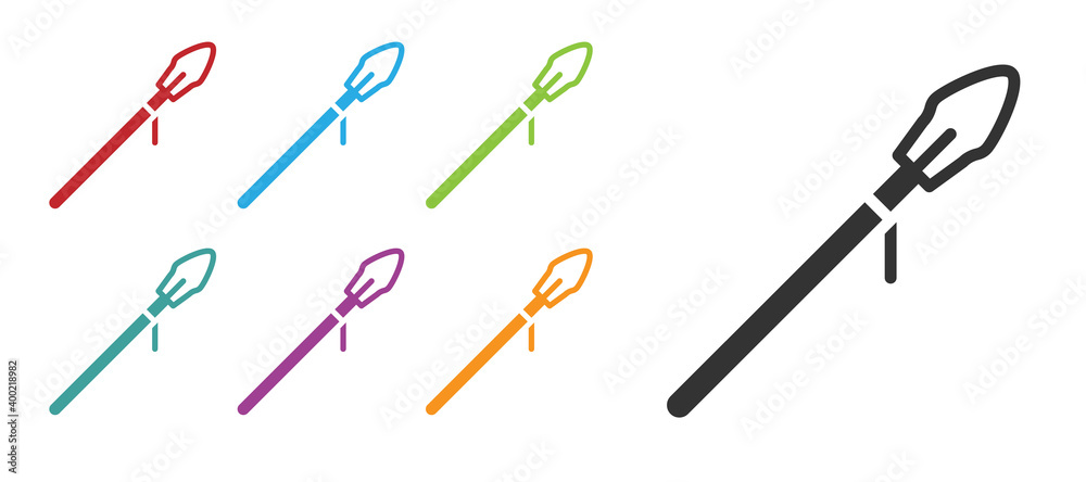 Black Medieval spear icon isolated on white background. Medieval weapon. Set icons colorful. Vector. Black Medieval spear icon isolated on white background. Medieval weapon. Set icons colorful. Vector.