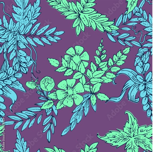 Floral ornament. Plexus of branches and leaves of trees, shrubs and herbs. Decorative and wild flowers. Seamless. Beautiful summer, spring composition. Vector illustration.