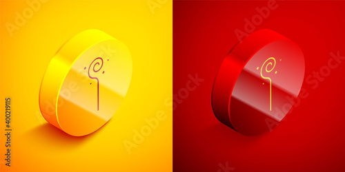 Isometric Magic staff icon isolated on orange and red background. Magic wand, scepter, stick, rod. Circle button. Vector.