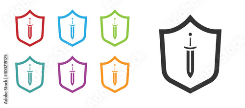 Black Medieval shield with sword icon isolated on white background. Set icons colorful. Vector.