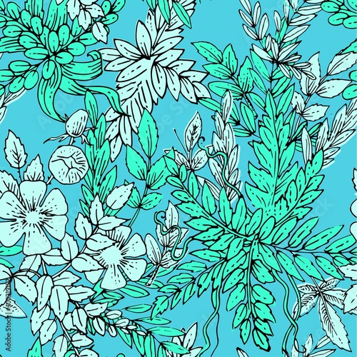 Floral ornament. Plexus of branches and leaves of trees, shrubs and herbs. Decorative and wild flowers. Seamless. Beautiful summer, spring composition. Vector illustration.