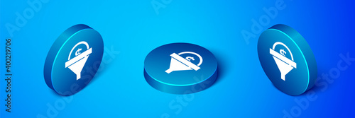 Isometric Lead management icon isolated on blue background. Funnel with money. Target client business concept. Blue circle button. Vector.