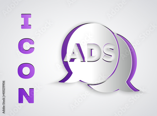 Paper cut Advertising icon isolated on grey background. Concept of marketing and promotion process. Responsive ads. Social media advertising. Paper art style. Vector.