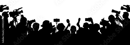 Journalists are interviewing. Press Conference of Reporters. Crowd of people with video cameras. Silhouette vector photo