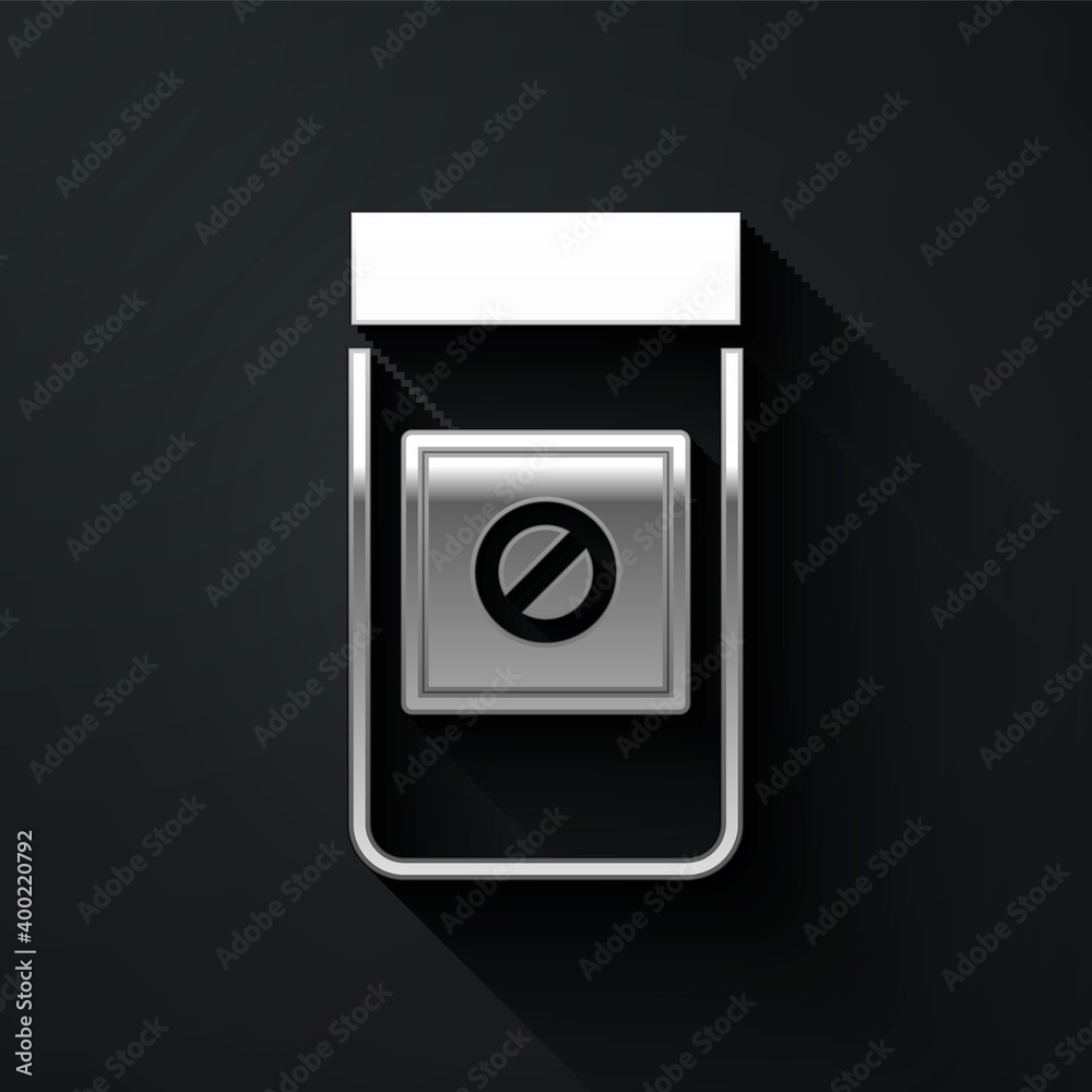 Silver Sports doping, anabolic drugs icon isolated on black background. Anabolic steroids tablet. Pills in jar. Long shadow style. Vector. Silver Sports doping, anabolic drugs icon isolated on black background. Anabolic steroids tablet. Pills in jar. Long shadow style. Vector.