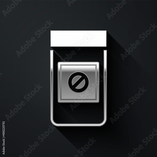 Silver Sports doping, anabolic drugs icon isolated on black background. Anabolic steroids tablet. Pills in jar. Long shadow style. Vector.