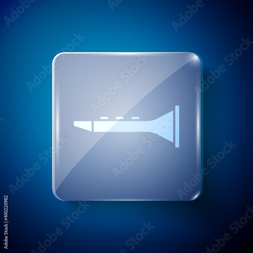 White Clarinet icon isolated on blue background. Musical instrument. Square glass panels. Vector.
