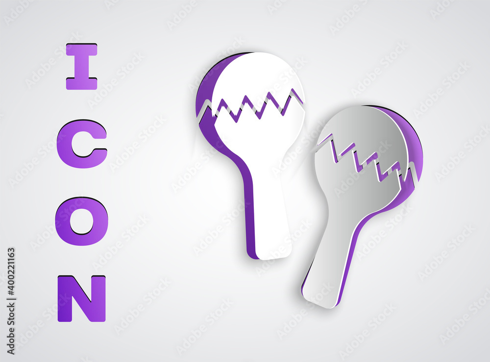 Paper cut Maracas icon isolated on grey background. Music maracas instrument mexico. Paper art style. Vector.