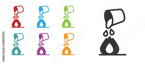 Black Water bucket extinguishing a fire icon isolated on white background. Set icons colorful. Vector.