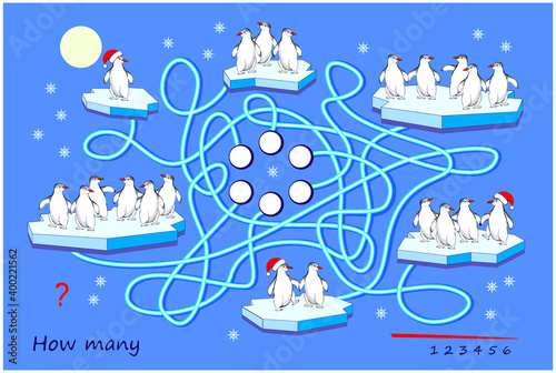 Math education for children. Count the quantity penguins on an each block of ice and write the numbers. Logic puzzle game with labyrinth for kids. Worksheet for school textbook. Play online.
