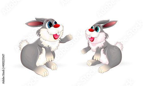 Cute cartoon bunnies. Two cartoon bunny on a white background. Two little bunnies. Rabbit 