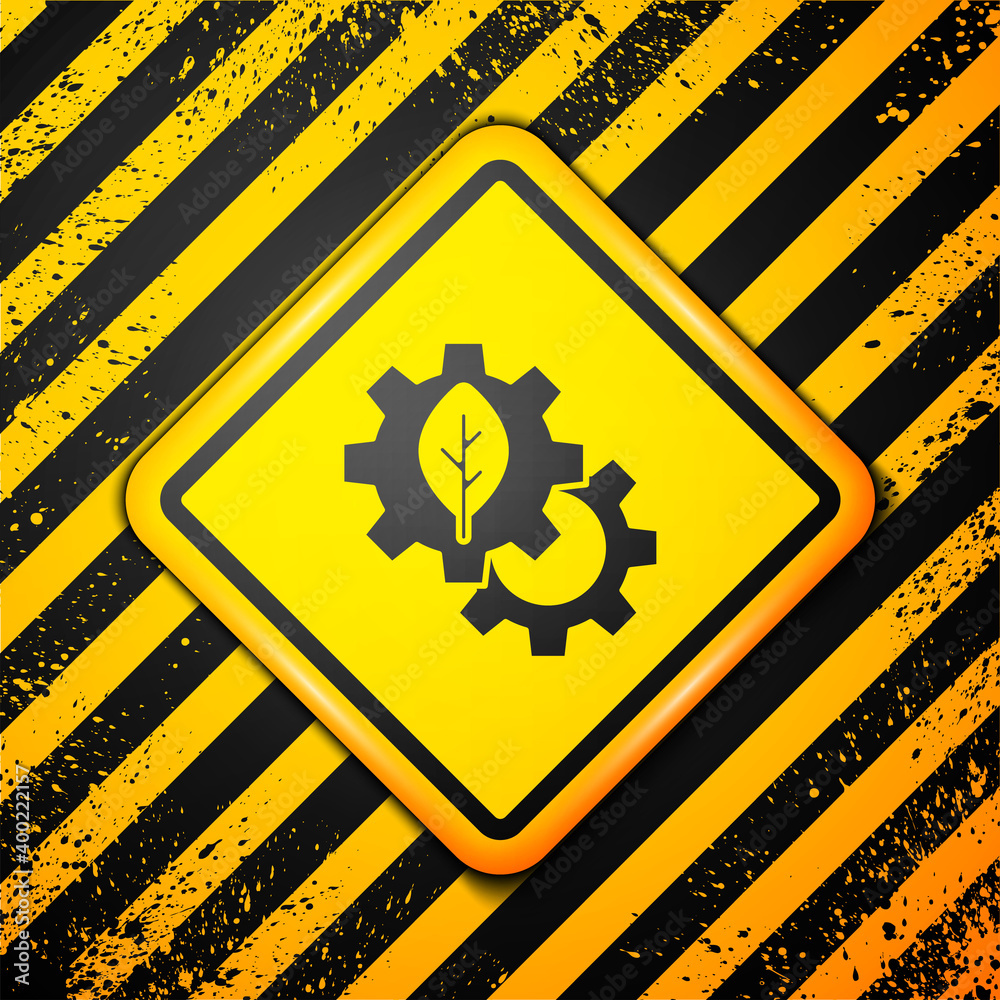 Black Leaf plant ecology in gear machine icon isolated on yellow background. Eco friendly technology. World Environment day label. Warning sign. Vector. Black Leaf plant ecology in gear machine icon isolated on yellow background. Eco friendly technology. World Environment day label. Warning sign. Vector.