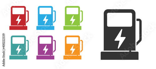 Black Electric car charging station icon isolated on white background. Eco electric fuel pump sign. Set icons colorful. Vector.