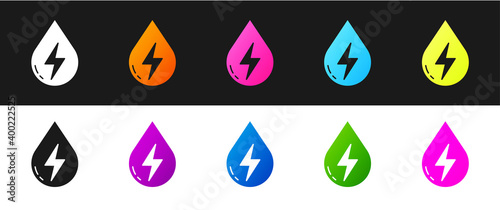 Set Water energy icon isolated on black and white background. Ecology concept with water droplet. Alternative energy concept. Vector.