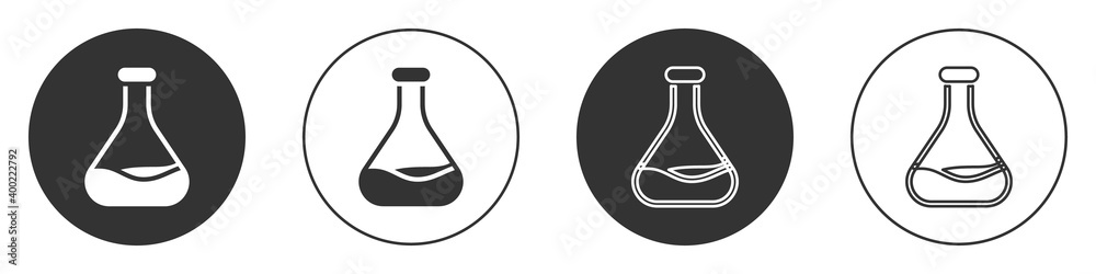 Black Test tube and flask icon isolated on white background. Chemical laboratory test. Laboratory glassware. Circle button. Vector. Black Test tube and flask icon isolated on white background. Chemical laboratory test. Laboratory glassware. Circle button. Vector.