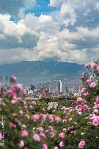 Panoramic of Medellin City with the Coltejer building and downtown at the background