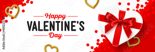 Happy Valentine's Day holiday banner. Romantic composition of white gift box in the shape of heart with red bow, gold hearts and confetti, vector illustration