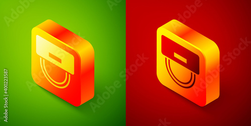 Isometric Bellboy hat icon isolated on green and red background. Hotel resort service symbol. Square button. Vector.