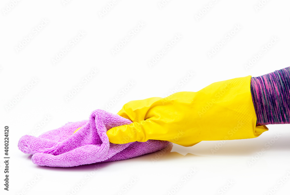 Microfiber cleaning cloth in woman hand. Surface home cleaning wearing