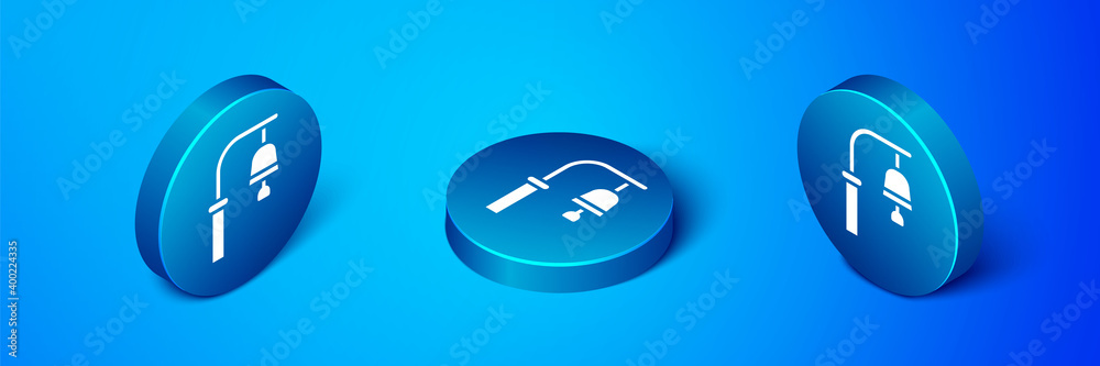 Isometric Train station bell icon isolated on blue background. Blue circle button. Vector. Isometric Train station bell icon isolated on blue background. Blue circle button. Vector.