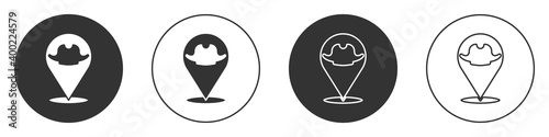 Black Location pirate icon isolated on white background. Circle button. Vector.
