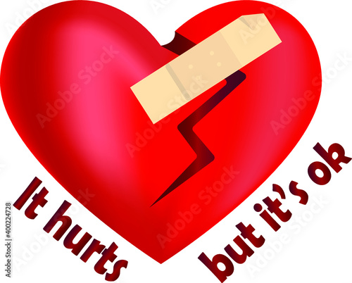 Funny romantic illustration with broken heart and treatment with patch