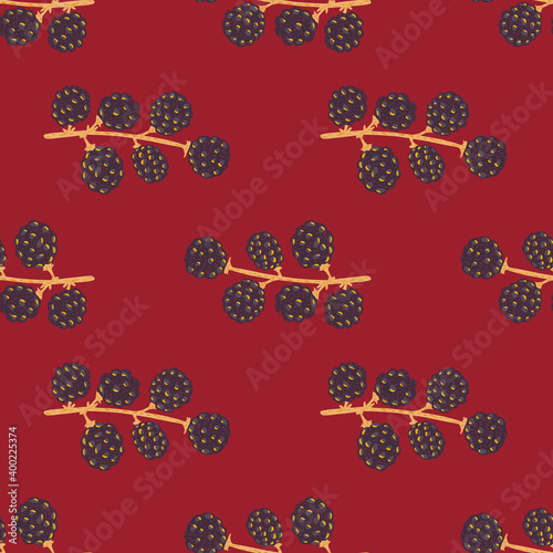 Healthy vitamin seamless pattern with hand drawn blackberry branches. Maroon background.