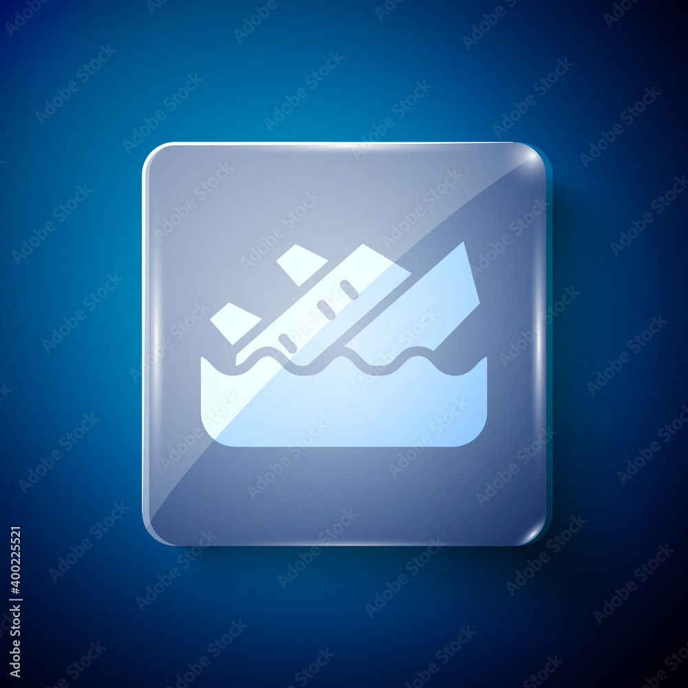 White Sinking cruise ship icon isolated on blue background. Travel tourism nautical transport. Voyage passenger ship, cruise liner. Square glass panels. Vector. White Sinking cruise ship icon isolated on blue background. Travel tourism nautical transport. Voyage passenger ship, cruise liner. Square glass panels. Vector.