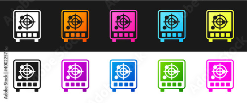 Set Radar with targets on monitor in searching icon isolated on black and white background. Search system. Navy sonar. Vector.