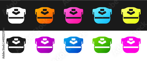 Set Pilot hat icon isolated on black and white background. Vector.