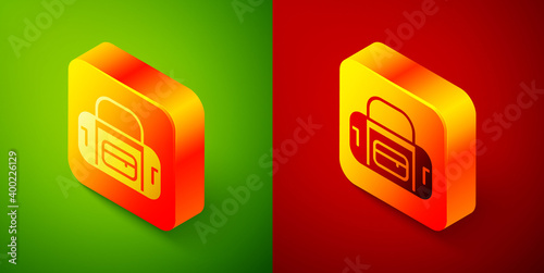 Isometric Sport bag icon isolated on green and red background. Square button. Vector.
