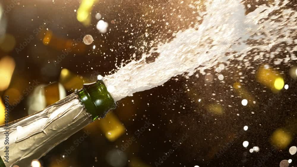 Super slow motion of Champagne explosion with flying cork closure and fireworks, opening champagne bottle closeup.