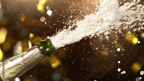 Super slow motion of Champagne explosion with flying cork closure and fireworks, opening champagne bottle closeup.