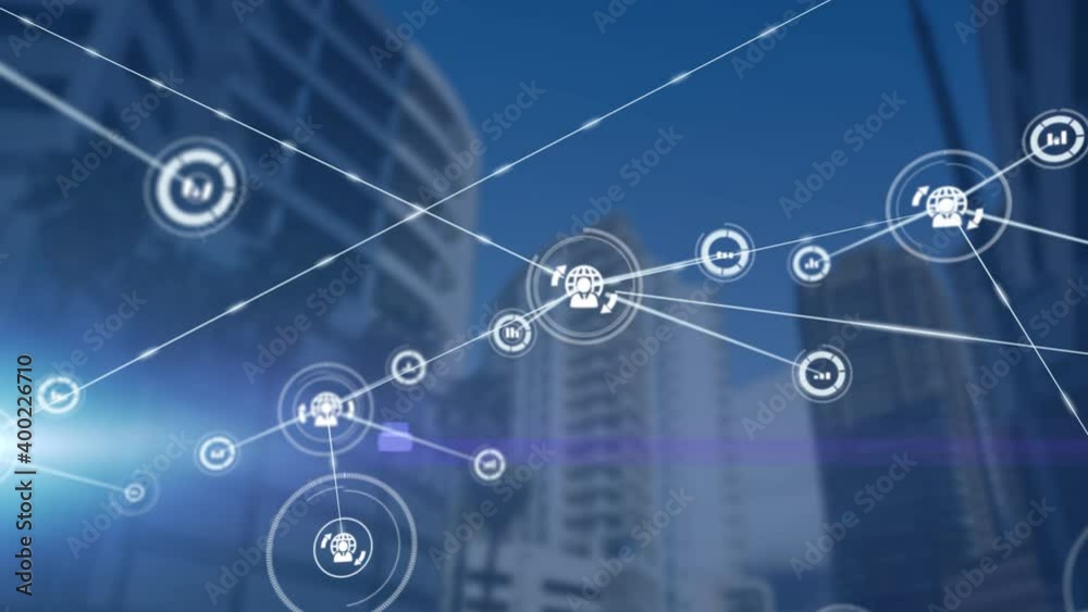 Digital composite video of network of connections against tall buildings in background Digital composite video of network of connections against tall buildings in background
