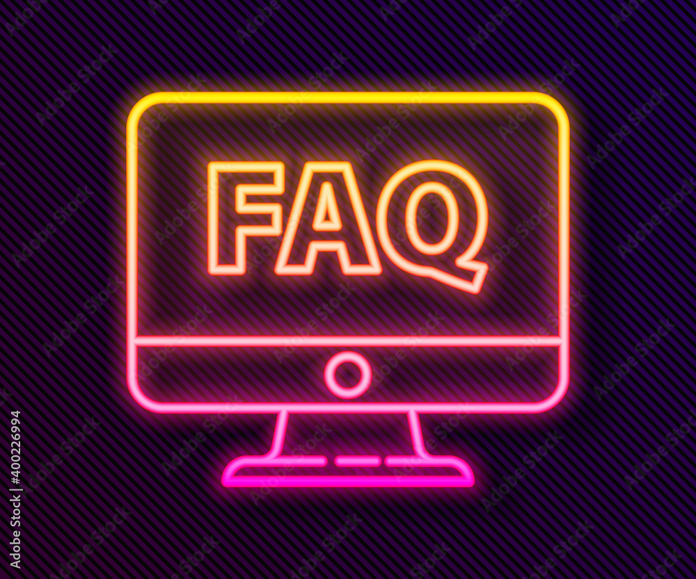 Glowing neon line Computer monitor and FAQ icon isolated on black background. Adjusting, service, setting, maintenance, repair, fixing. Vector Illustration. Glowing neon line Computer monitor and FAQ icon isolated on black background. Adjusting, service, setting, maintenance, repair, fixing. Vector Illustration.