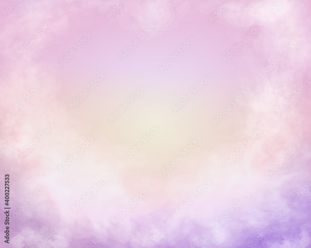 Cotton pink clouds vector background. Pastel glamour heaven Heart silhouette sky view. Romantic heavenly fairytale backdrop. Watercolor style texture