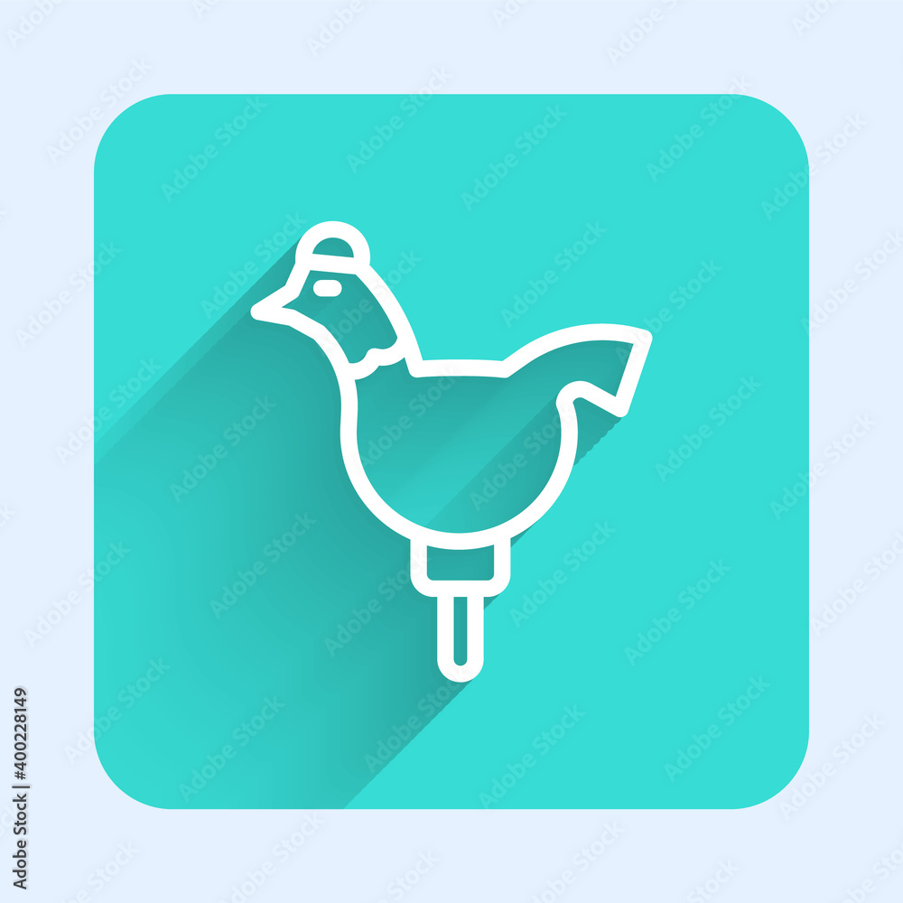 White line Candy cockerel lollipop on a stick icon isolated with long shadow. Green square button. Vector. White line Candy cockerel lollipop on a stick icon isolated with long shadow. Green square button. Vector.