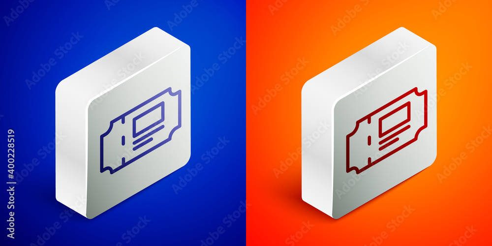 Isometric line Museum ticket icon isolated on blue and orange background. History museum ticket coupon event admit exhibition excursion. Silver square button. Vector. Isometric line Museum ticket icon isolated on blue and orange background. History museum ticket coupon event admit exhibition excursion. Silver square button. Vector.