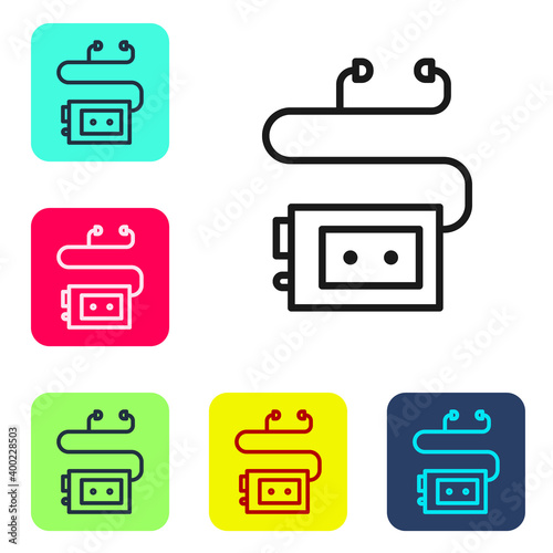 Black line Museum audio guide icon isolated on white background. Headphones for excursions. Set icons in color square buttons. Vector.