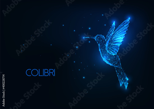 Futuristic glowing low polygonal flying colibri bird on dark blue background