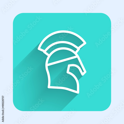White line Greek helmet icon isolated with long shadow. Antiques helmet for head protection soldiers with a crest of feathers or horsehair. Green square button. Vector.