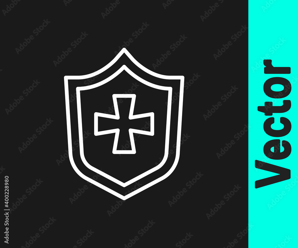 White line Shield icon isolated on black background. Guard sign. Security, safety, protection, privacy concept. Vector.