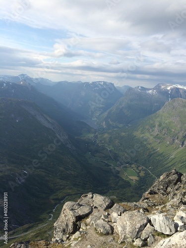 Beautiful view from Dalsnibba mountain down to Geiranger fjord in Norway