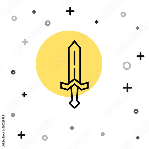 Black line Medieval sword icon isolated on white background. Medieval weapon. Random dynamic shapes. Vector.